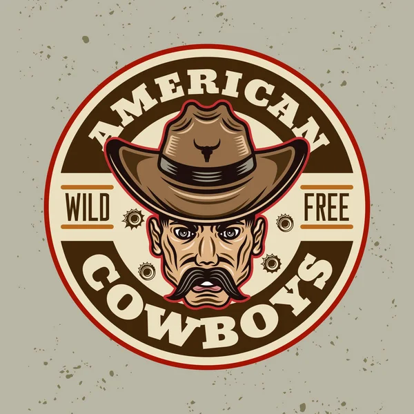 Kovboylar, hafif arkaplanda renkli çizgi film tarzında yuvarlak amblem, etiket, rozet veya logo oluştururlar.