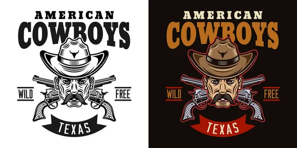 Wild west vecteur vintage emblème, étiquette, insigne ou logo avec l'illustration tête de cow-boy en deux styles noir sur fond blanc et coloré sur fond foncé — Image vectorielle