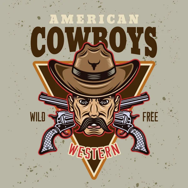 Vecteur de cow-boys américain emblème rond vintage, étiquette, badge ou logo dans un style de dessin animé coloré sur fond clair — Image vectorielle