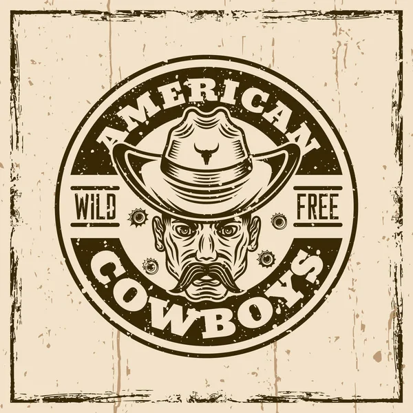 Cowboys vector de color redondo emblema vintage, insignia, etiqueta o camiseta de impresión. Ilustración sobre fondo con texturas grunge e ilustración vectorial del marco — Vector de stock