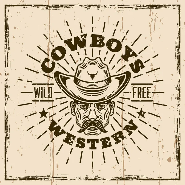 Western gekleurde vector vintage embleem, badge, label of t-shirt print met cowboy hoofd in hoed en stralen. Illustratie op achtergrond met grunge texturen en frame vector illustratie — Stockvector