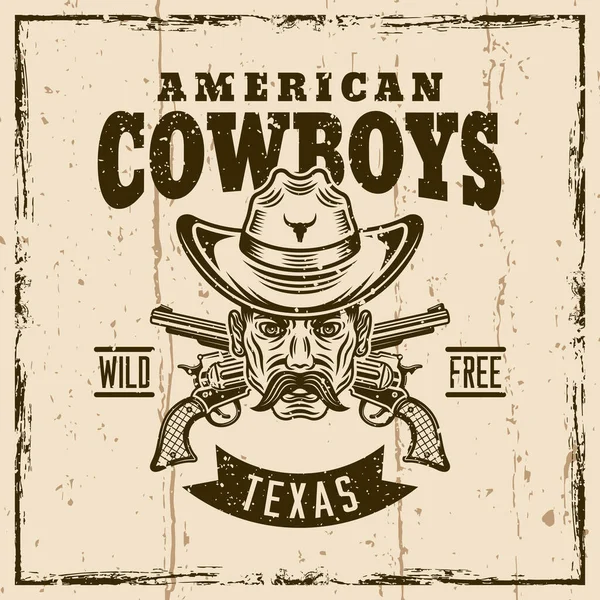 Wild west gekleurde vector vintage embleem, badge, label of t-shirt print met cowboy hoofd in muts. Illustratie op achtergrond met grunge texturen en frame vector illustratie — Stockvector