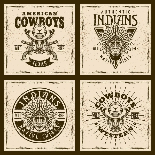 Cowboys and indians four colored vintage emblems, badges, tags or prints on western theme (en inglés). Ilustración vectorial sobre fondo con texturas grunge extraíbles — Vector de stock