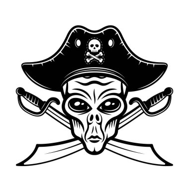 Korsan şapkalı uzaylı kafası ve beyaz arka planda izole edilmiş monokrom vintage tarzında iki çapraz kılıç vektör çizimi.