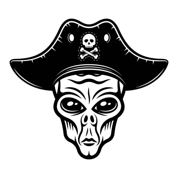 Cabeça alienígena em chapéu de pirata ilustração vetorial em estilo vintage monocromático isolado no fundo branco — Vetor de Stock
