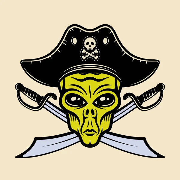 Alien cabeça em chapéu de pirata e duas espadas cruzadas vetor ilustração no colorido desenho animado estilo isolado no fundo de luz —  Vetores de Stock