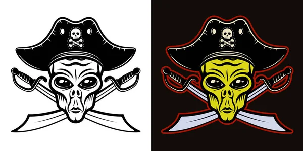 Cizí hlava v pirátské čepici a dva zkřížené meče vektorové ilustrace ve dvou stylech černá na bílém a barevné na tmavém pozadí — Stockový vektor