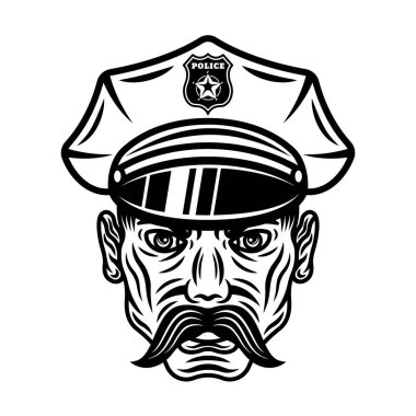 Beyaz arkaplanda tek renkli vintage tarzında şapka vektör illüstrasyonunda polis
