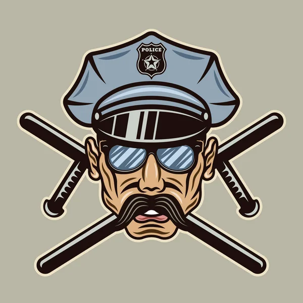 Policía en sombrero con gafas de sol y dos bastones cruzados vector ilustración en colorido estilo de dibujos animados aislados sobre fondo claro — Vector de stock