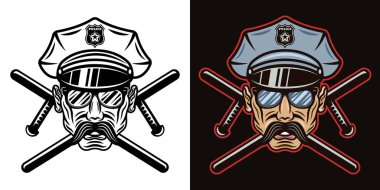 Şapkalı, güneş gözlüklü bir polis memuru ve iki çapraz baton vektör illüstrasyonunda iki stili var. Beyaz üstüne siyah ve koyu arkaplanda renkli.