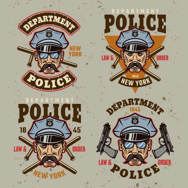 Polizia set di emblemi vintage, etichette, distintivi o loghi con poliziotto in cappello. Illustrazione vettoriale in stile cartone animato colorato su sfondo chiaro con texture grunge rimovibili — Vettoriale Stock