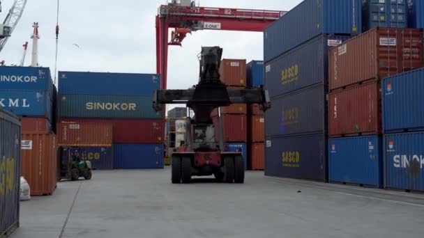 2020年夏天 俄罗斯符拉迪沃斯托克 海运集装箱码头 Reachstacker开车穿过港口区 穿过集装箱仓库 — 图库视频影像