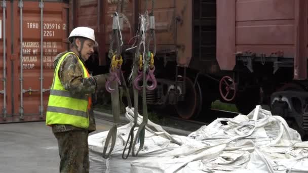 2020年夏天 俄罗斯符拉迪沃斯托克 海运集装箱码头 装载机将沉重的水泥袋装入集装箱 — 图库视频影像