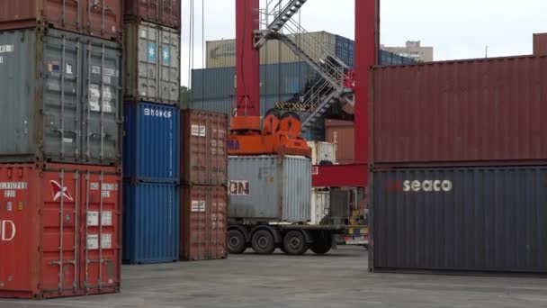 2020年夏天 俄罗斯符拉迪沃斯托克 海运集装箱码头 大型集装箱龙门起重机在集装箱仓库的背景下将集装箱拖到空中 — 图库视频影像