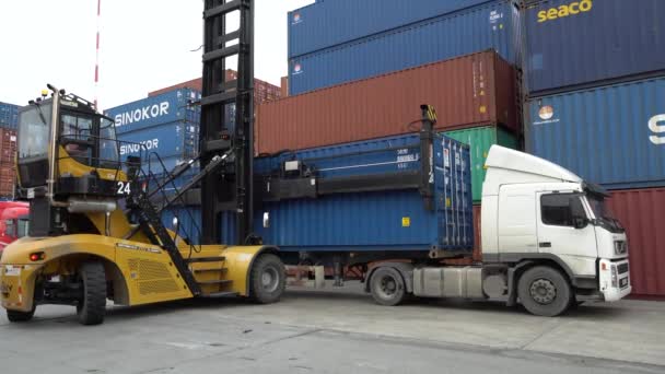 2020年夏天 俄罗斯符拉迪沃斯托克 海运集装箱码头 Reachstacker将集装箱装在港口卡车拖车上 与集装箱相对照 — 图库视频影像