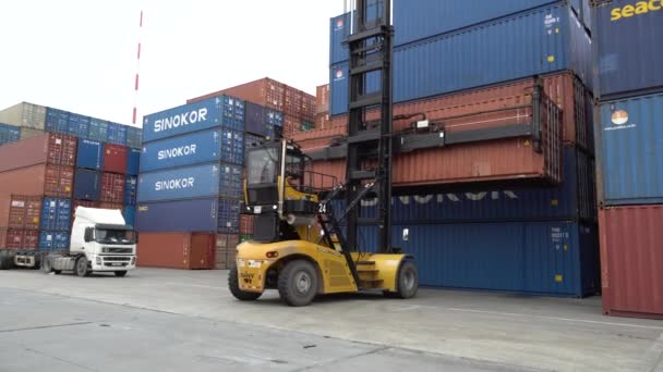 Nyár 2020 Vladivostok Oroszország Sea Container Terminal Reachstacker Betölteni Egy — Stock videók