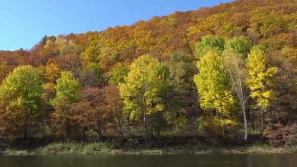 Vista Una Barca Movimento Colline Boscose Spazzare Sullo Sfondo Del — Video Stock