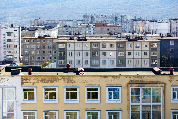 Rusya Nın Kuzeyindeki Magadan Şehrinin Yukarıdan Görünüşü Magadan Şehrinin Merkezi — Stok fotoğraf