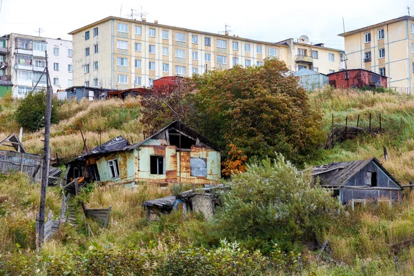 Case Vechi Din Lemn Centrul Magadanului Cabane Rusești Din Lemn — Fotografie, imagine de stoc