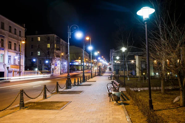 Strada Notte Pogranichnaya Vladivostok Marciapiede Pedonale Illuminato Dall Illuminazione Serale — Foto Stock