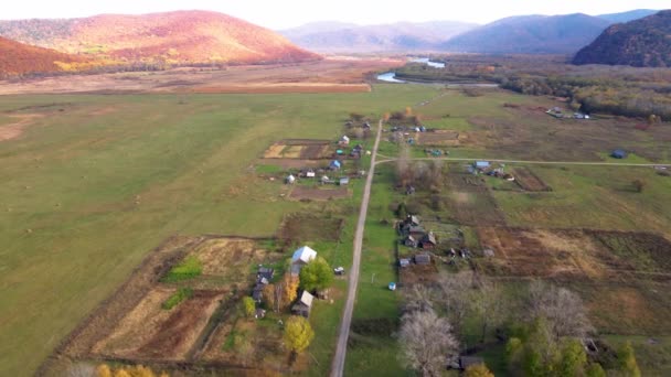 Zicht van bovenaf. Het dorp Old Believers Dersu in het Primorsky Territory. Een Russisch dorp met houten hutten staat midden in een groen veld. — Stockvideo