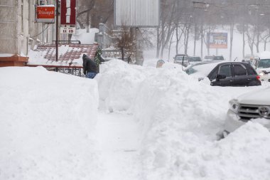 Ocak 2016 - Vladivostok, Rusya - Vladivostok 'ta yoğun kar yağışı. Yoğun kar altında yol kenarında karla kaplı arabalar duruyor.
