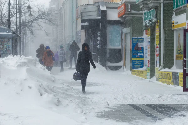 Ocak 2016 - Vladivostok, Rusya - Vladivostok 'ta yoğun kar yağışı. Şiddetli kar yağışında Vladivostok 'un karla kaplı merkez caddeleri