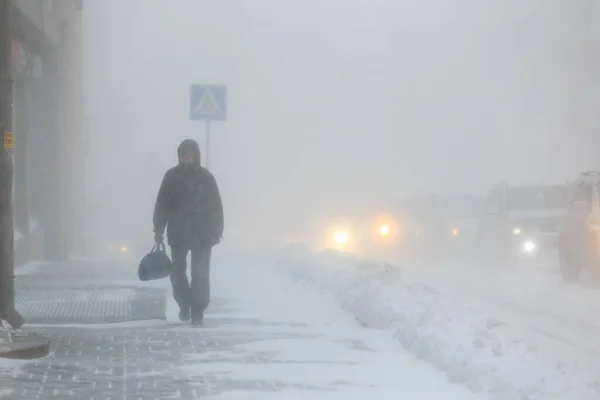 Январь 2016 Владивосток Россия Сильный Снегопад Владивостоке Люди Ходят Центральным — стоковое фото