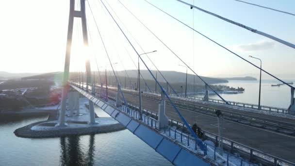 Blick Von Oben Die Eisige Russische Brücke Wladiwostok Über Den — Stockvideo