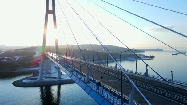 Blick Von Oben Russische Brücke Über Den Östlichen Bosporus Wladiwostok — Stockvideo