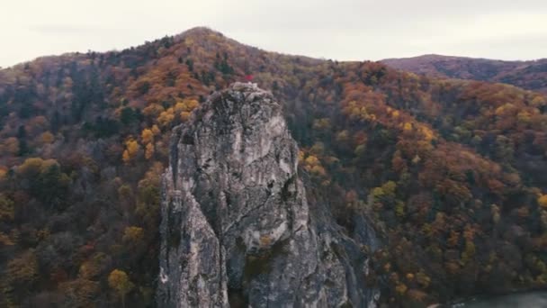 上からの眺め 海辺の地域のKavalrovo村のDersu Uzala岩 カメラは 秋の森を背景に高い崖の上を飛ぶ — ストック動画