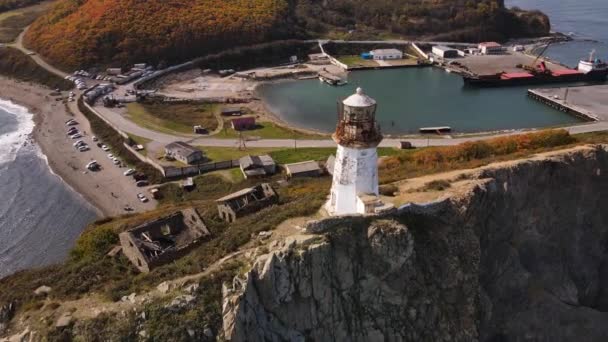 View Panoramic Shot Rudny Lighthouse Which Stands Steep Cliff Ledge — Stock Video