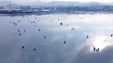 Vladivostok 'taki Amur Körfezi' nin buzunda kış balıkçılığı. Yukarıdan bak. Bir balıkçı sürüsü şehrin arka planına karşı kıyıya yakın ince buzun üzerinde oturuyor. Gökyüzü güzel bir şekilde deniz buzuna yansıyor..