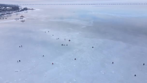 위에서 어부들은 블라디보스토크의 르만의 수역에 있습니다 카메라는 수심이 다리를 배경으로 — 비디오