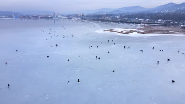 Winter fishing on the ice of the Amur Bay in Vladivostok. View from above. The fishermen are sitting on thin sea ice near the coast and the railway. — Stock Footage Winter Fishing Ice Amur Bay Vladivostok View Fishermen Sitting Thin Stock Footage