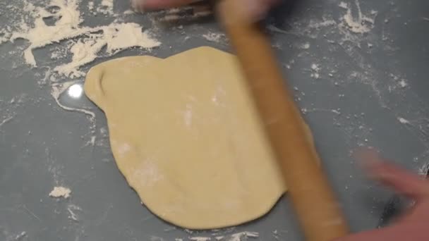 Modeling Russian Dumplings Close Male Hands Roll Dough Table Wooden — Stock Video