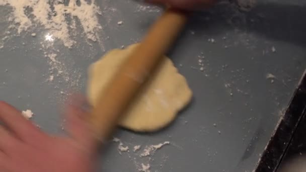 Modeling Russian Dumplings Close Male Hands Roll Dough Table Wooden — Stock Video