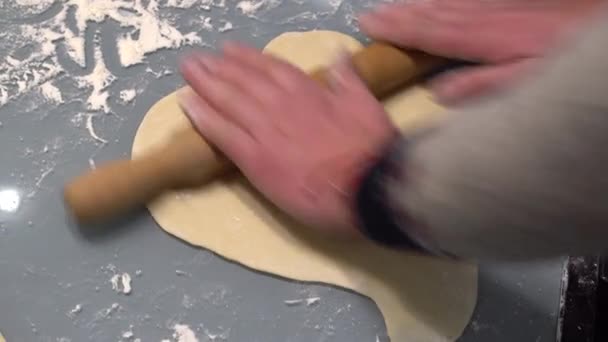 Modeling Russian Dumplings Close Male Hands Roll Dough Table Wooden — Stock Video