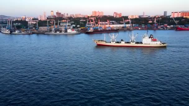 俄罗斯符拉迪沃斯托克 2020年 位于符拉迪沃斯托克的金角湾 一艘白色商船驶过海参崴的一个商业港口和一座住宅大楼 — 图库视频影像