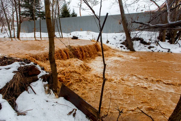 Catastrophe Écologique Ruisseau Une Rivière Brune Sale Coule Long Sol — Photo