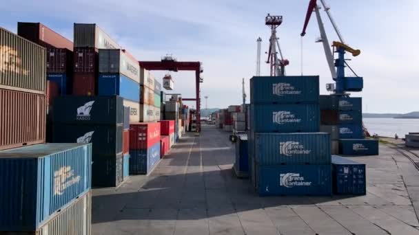 Vladivostok Russia Summer 2020 Flying Large Containers Logistics Warehouse Commercial — Stock Video