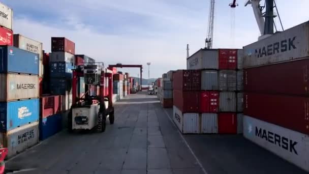 Vladivostok Russia Summer 2020 Flying Large Containers Logistics Warehouse Commercial — Stock Video