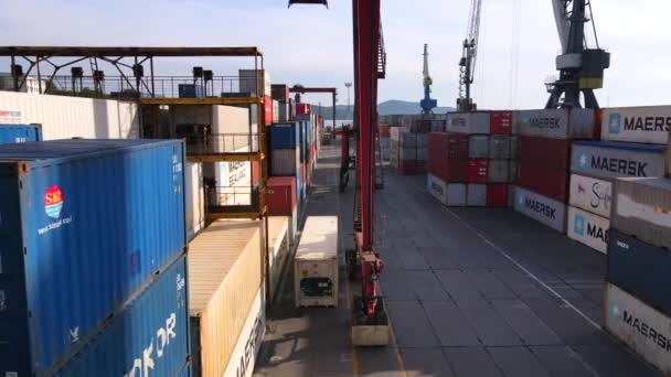 俄罗斯符拉迪沃斯托克 2020年夏天 一辆大型龙门起重机将集装箱拖过一个商业海港的物流仓库 海参崴的商业港口 — 图库视频影像