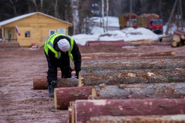 Kadın kesilen ağacın ölçüsünü alır ve değerini bir deftere yazar.