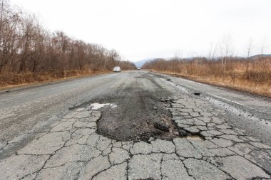 Kötü Rus asfalt yolu. Asfalt yol kurumuş sonbahar ağaçları arasındaki delik ve çatlaklarla dolu.