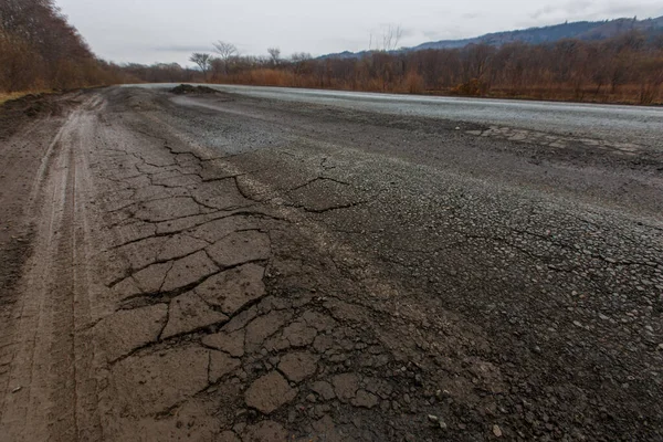 Bad Russian Asphalt Road Asphalt Road Full Holes Cracks Dried — Stock Photo, Image