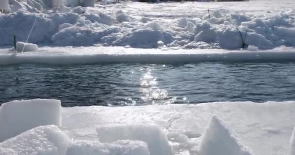 俄罗斯的冬季游泳 海水在阳光下 在清澈的海冰的衬托下 在冰冷的冰隙中闪烁着光芒 — 图库视频影像