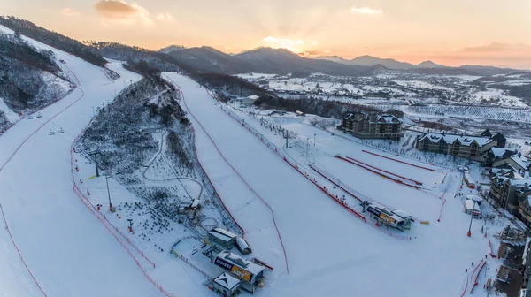 Alpencia, Güney Kore - Kış 2016 - Top view. Güney Kore 'deki 208 Olimpiyatları için inşa edilen Alpencia köyündeki kayak dağının yamacı..