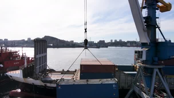Una grande gru portuale carica un container su una nave mercantile — Video Stock