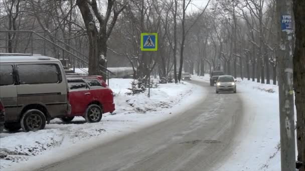 Vladivostok Primorsky Region 2021 Winter Slow Motion Cars Drive Small — Stock Video